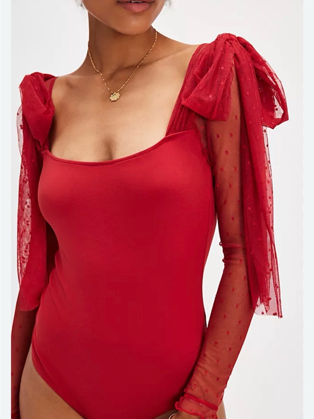 Free People Tongue Tied Bodysuit with Sheer Polka-Dot Sleeves